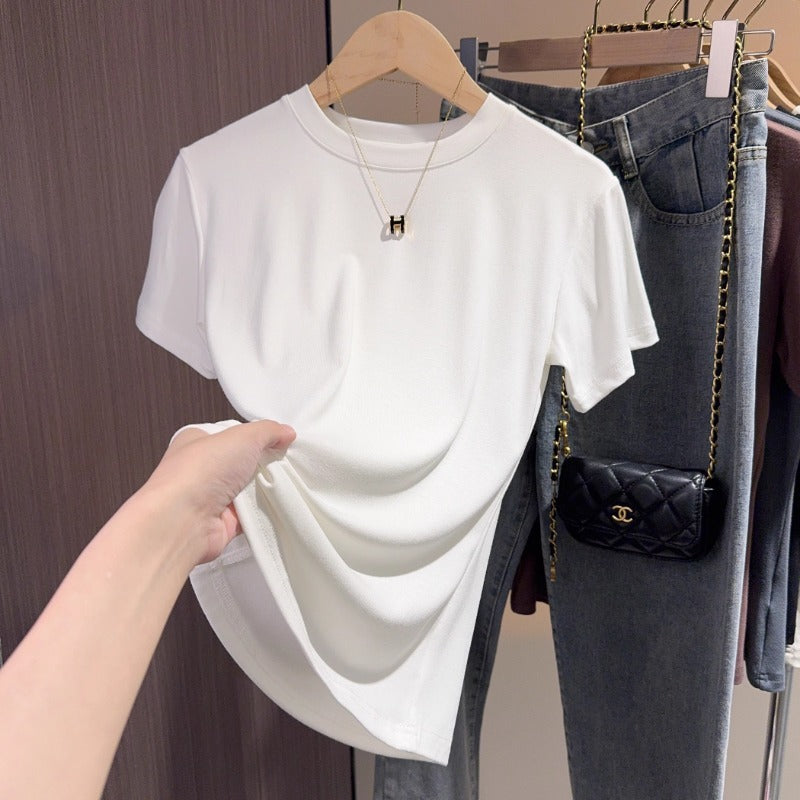 apricot short-sleeved t-shirt women's 2025 summer new high-end small stand-up neck bottoming shirt versatile slim-fitting front shoulder top