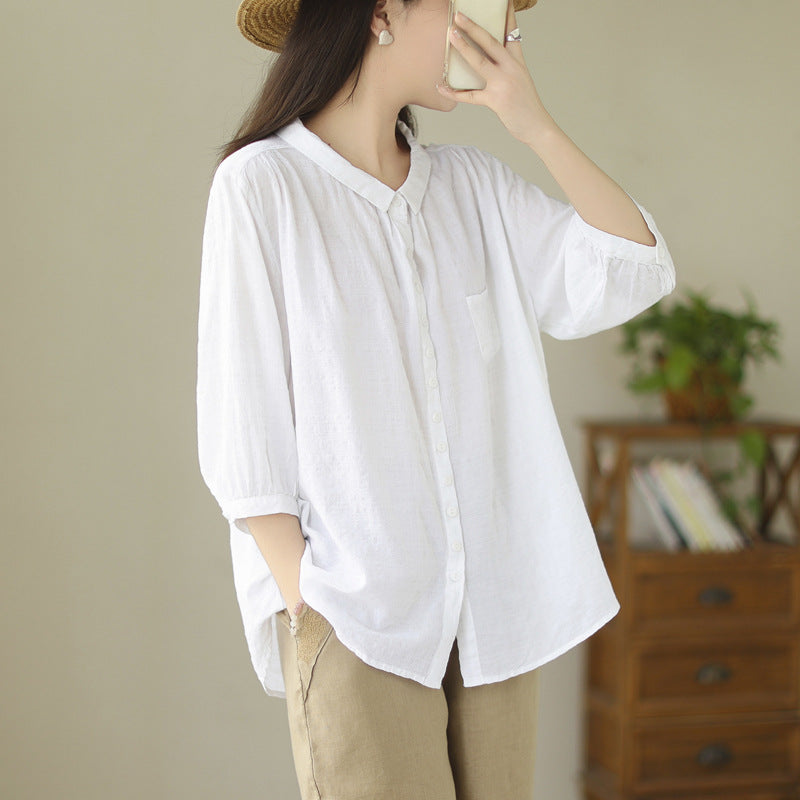 Real shot 2025 summer new large size solid color four-eye buckle retro literary loose and thin shirt top women