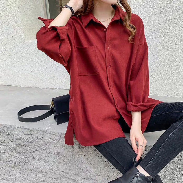 Amazon Beauty Simple Large Size Shirt New Solid Color Casual Women's Clothing Loose Medium and Long Top Stacked Shirt