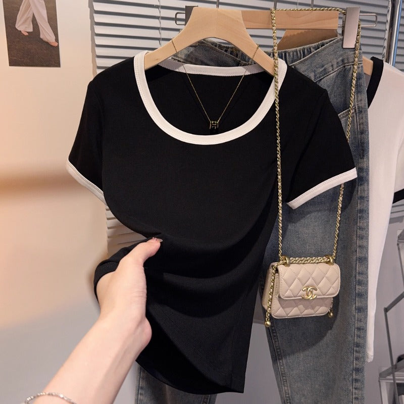 White front shoulder low neck contrasting color splicing short-sleeved T-shirt women's 2025 summer bottoming shirt u neck slim-fitting top