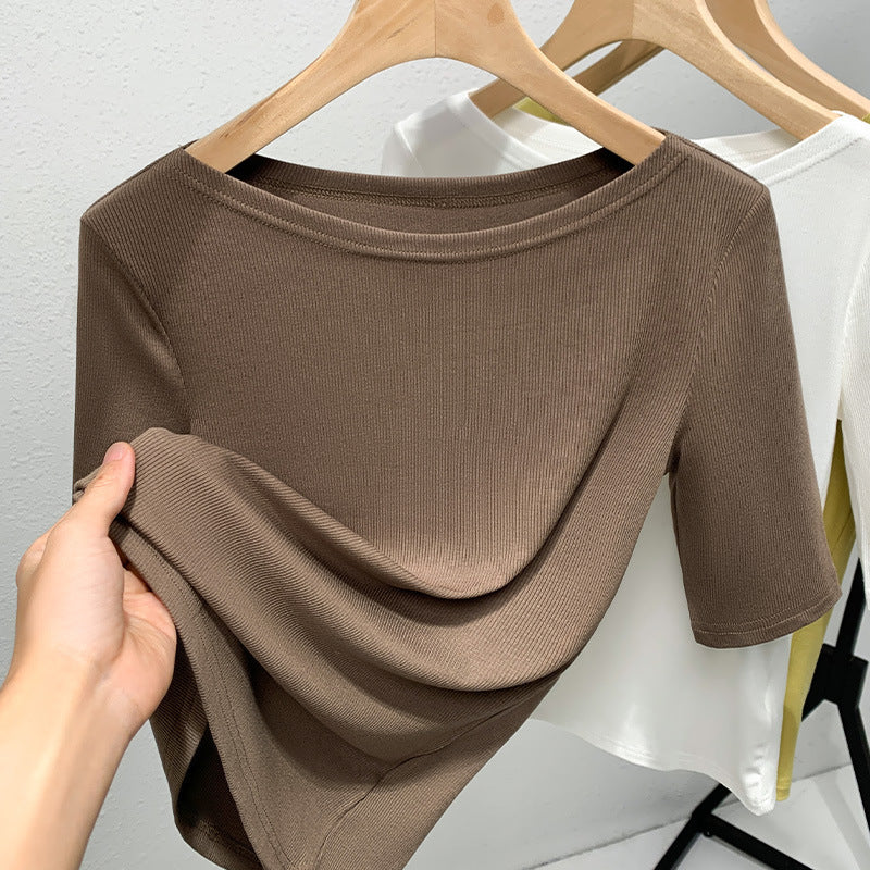 Medium-sleeved t-shirt women's 2025 new women's clothing solid-color threaded half-sleeved t-shirt temperament one-word shoulder elastic waist top