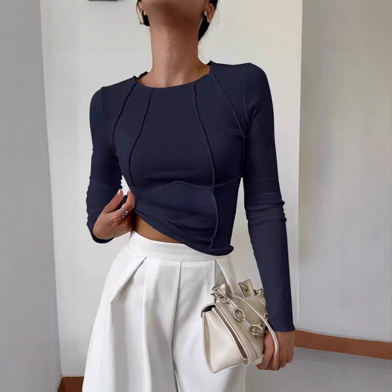 2025Shein European and American new spring and autumn cross-border foreign trade sweet and spicy solid color split chest long-sleeved crew neck T-shirt short