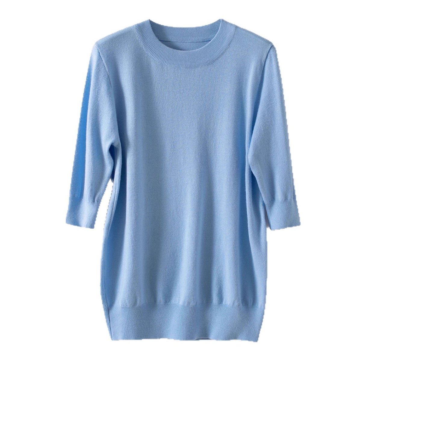 New solid color medium-sleeved temperament intellectual knitted sweater women's clothing 2025 summer half-height round neck five-quarter sleeve loose top