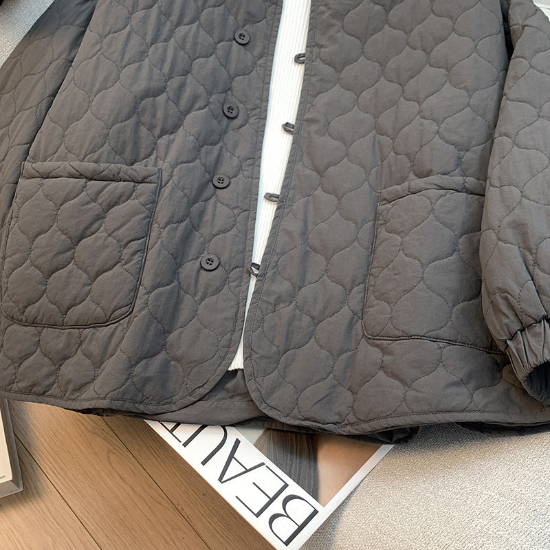 Literary and retro gourd grid fluffy coat for women in the autumn and winter of 2025, loose cotton-padded Mori sweet solid-color cotton clothes