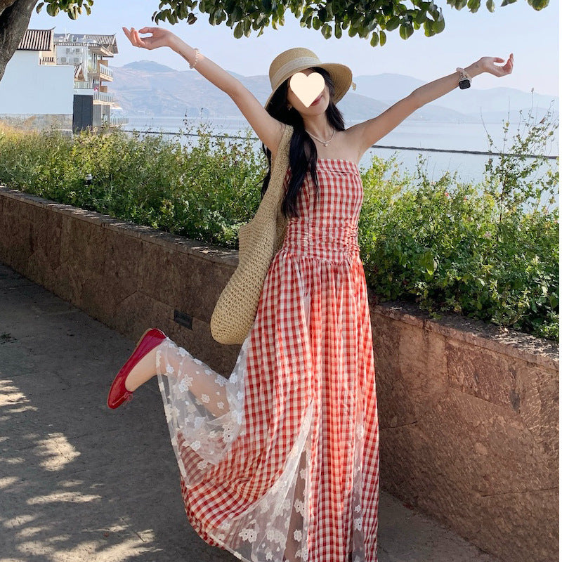 French holiday plaid lace splicing heavy industry tube top dress summer temperament waist thin high-end mid-length dress