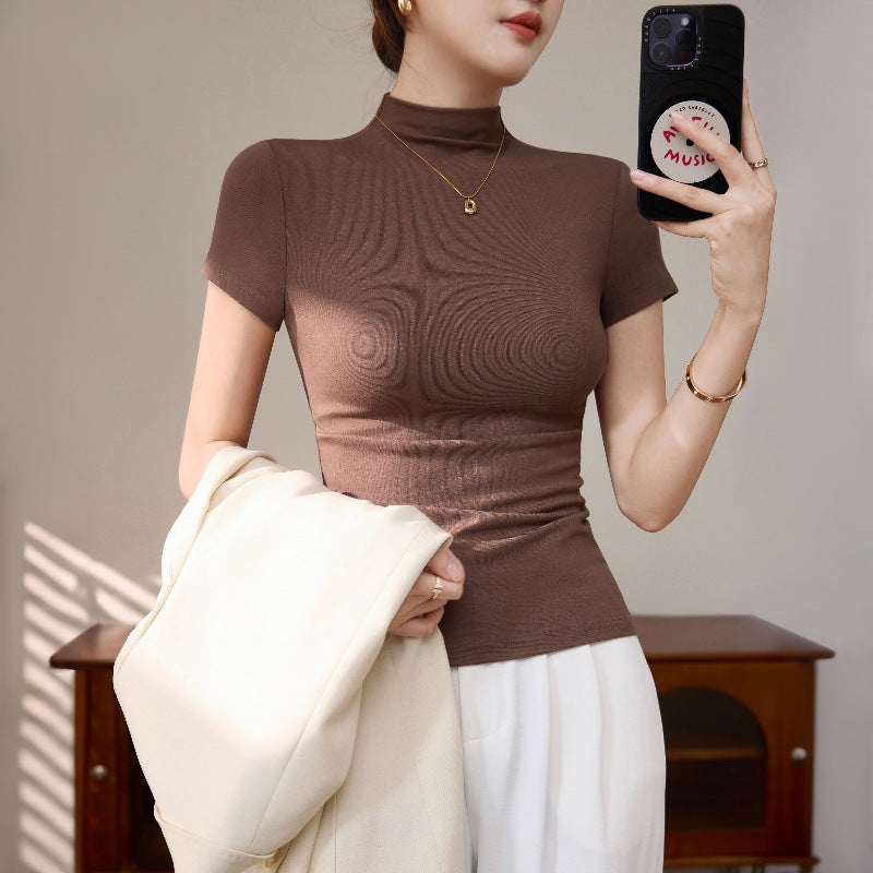 Semi-turtleneck short-sleeved T-shirt Spice Girls Dopamine Wear Early Spring Bottom Shirt Top Skinny Sexy Temperament Front Shoulders