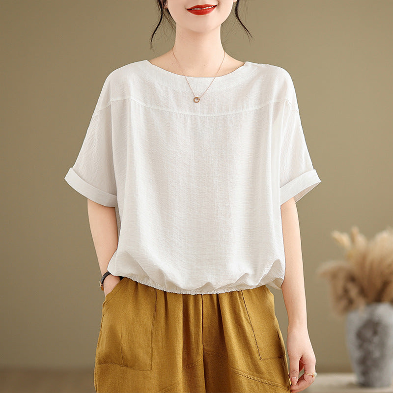 2025 summer new literary and retro loose splicing solid color round neck short-sleeved T-shirt women's top #8593