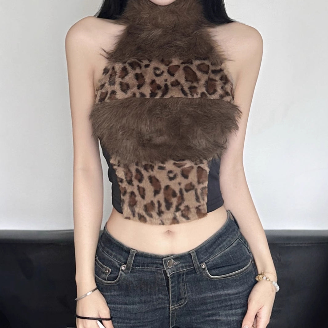 Love cloth forget hot leopard print fluff splicing turtleneck shoulder digging vest female hottie thin waist turtleneck top