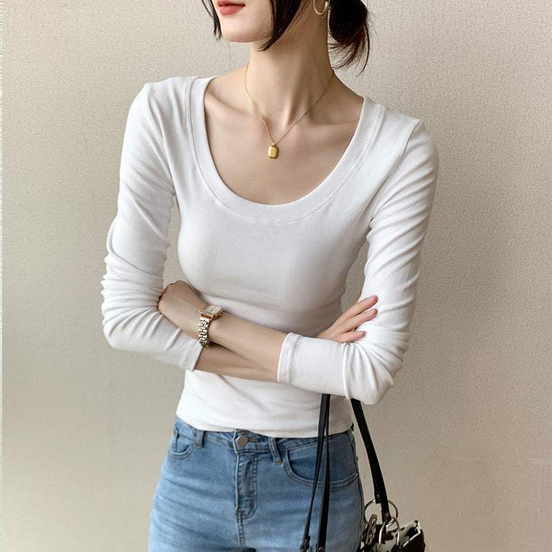 230G pure cotton long-sleeved women's T-shirt front shoulder 2026 autumn clothes new slim-fitting and thin solid color large-size top bottoming shirt