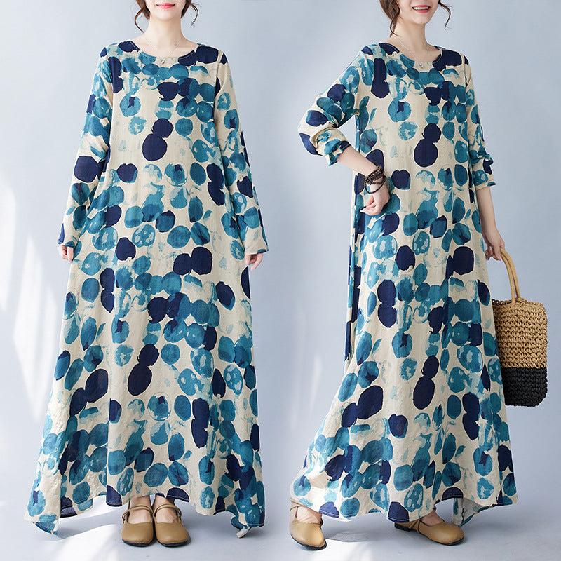 Real shot 2025 spring new literary large size loose printing round neck long sleeve dress women's long dress #9660