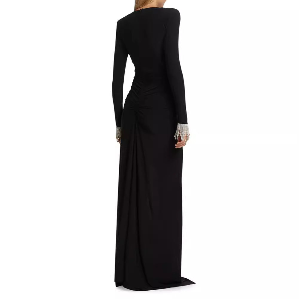 Amazon cross-border women's clothing new sexy deep V kink high split long-sleeved dress, pull pleated hip-wrapped long dress women