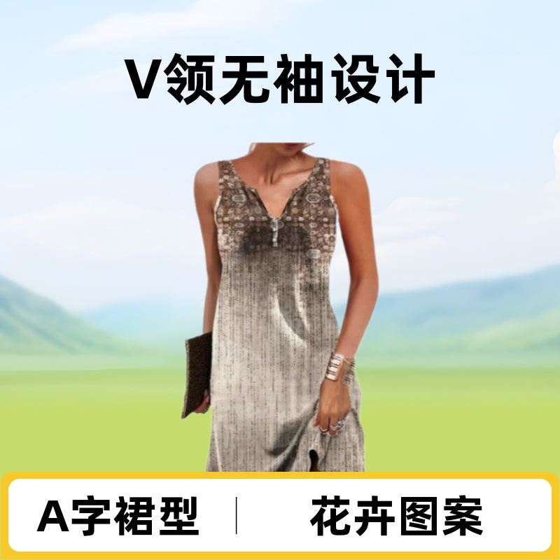 2025 European and American women's clothing Amazon flower button casual style A-shaped skirt sleeveless V-neck dress three-dimensional pattern