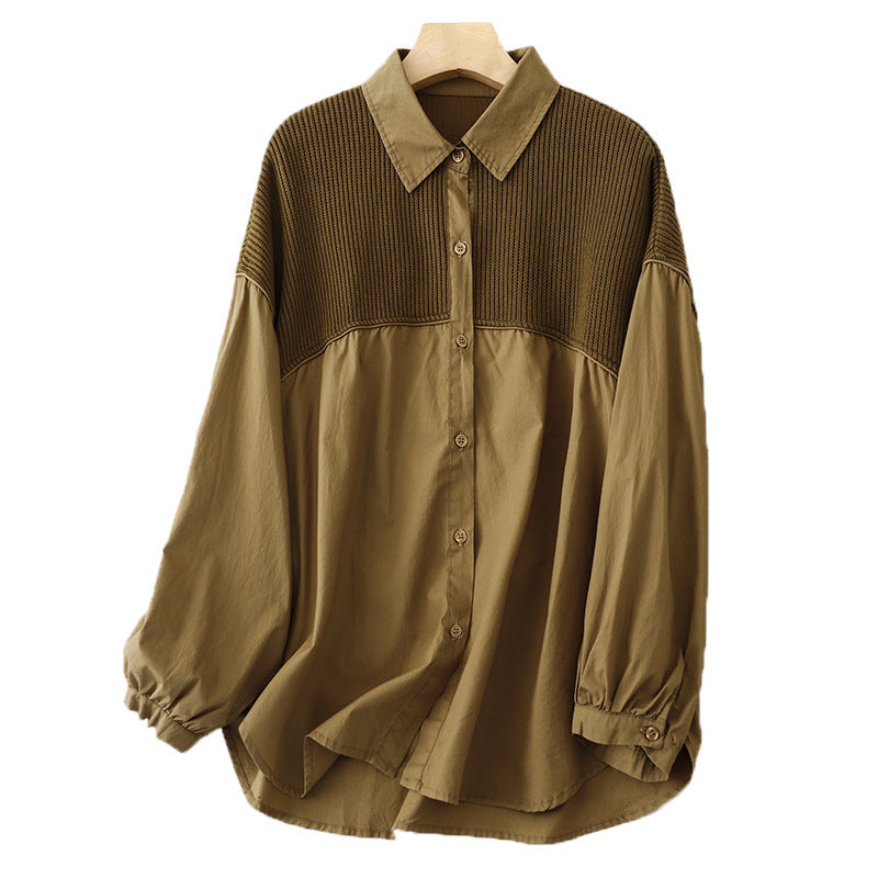 Real shot 2025 autumn new loose solid color lapel corduroy splicing long-sleeved shirt jacket shirt women's top