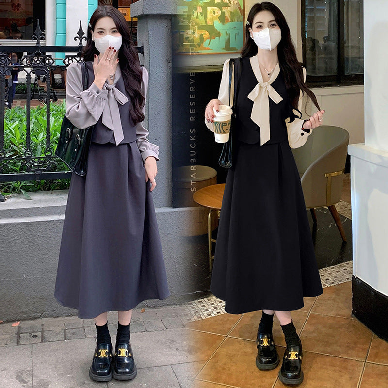 2026 autumn large size women's clothing fat mm thin belly cover dress new foreign style fashion Korean version splicing fake two pieces
