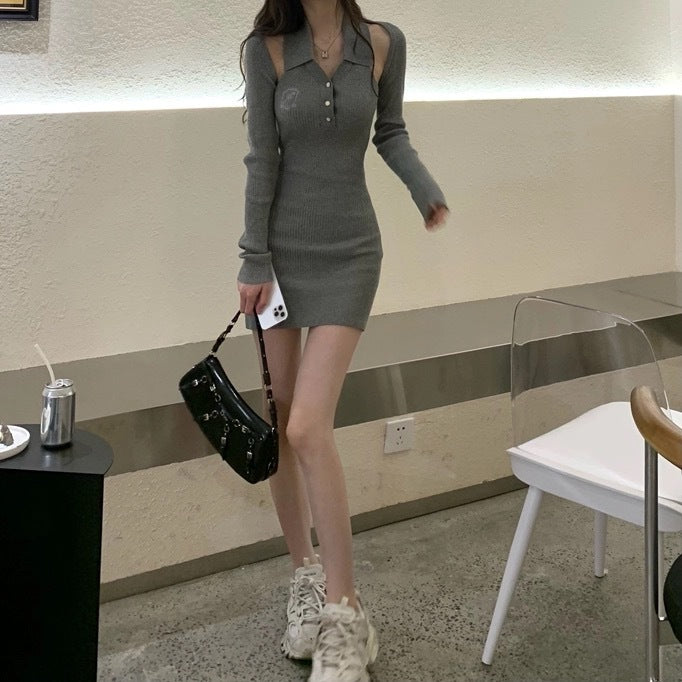 Two-piece off-the-shoulder skirt 2025 autumn new Polo collar dress slim and thin foreign neck skirt vest