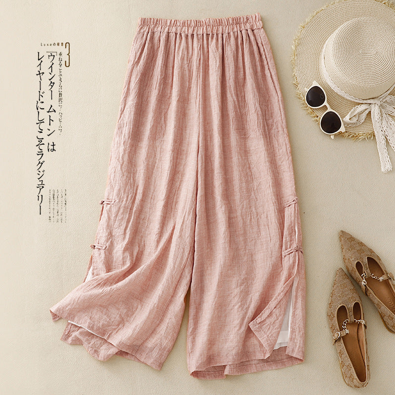 Real shot 2025 summer new cotton and linen large size literary and retro loose wide leg straight cropped pants women #9525