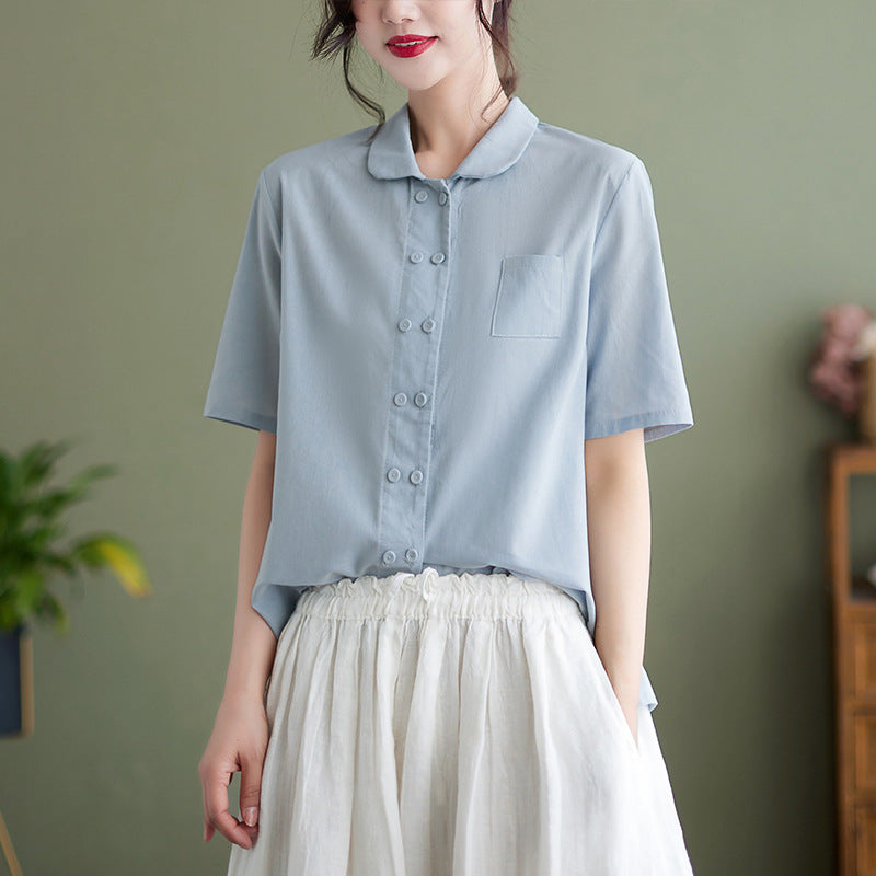 Summer 2024 new literary loose solid color single-breasted retro short-sleeved shirt top women