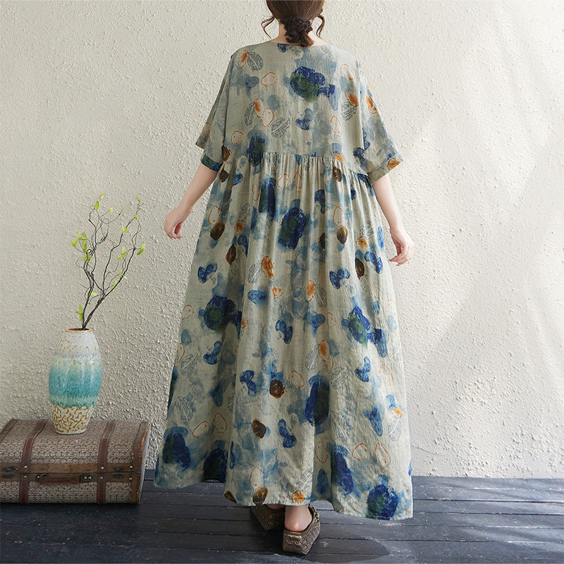 Real shot 2025 summer thin cotton and linen fat mm round neck short-sleeved vacation style loose and simple bohemian swing skirt