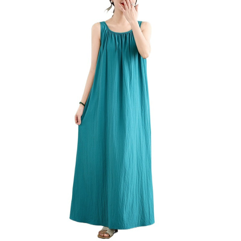 2025 summer new literary and retro loose sleeveless medium and long dress women
