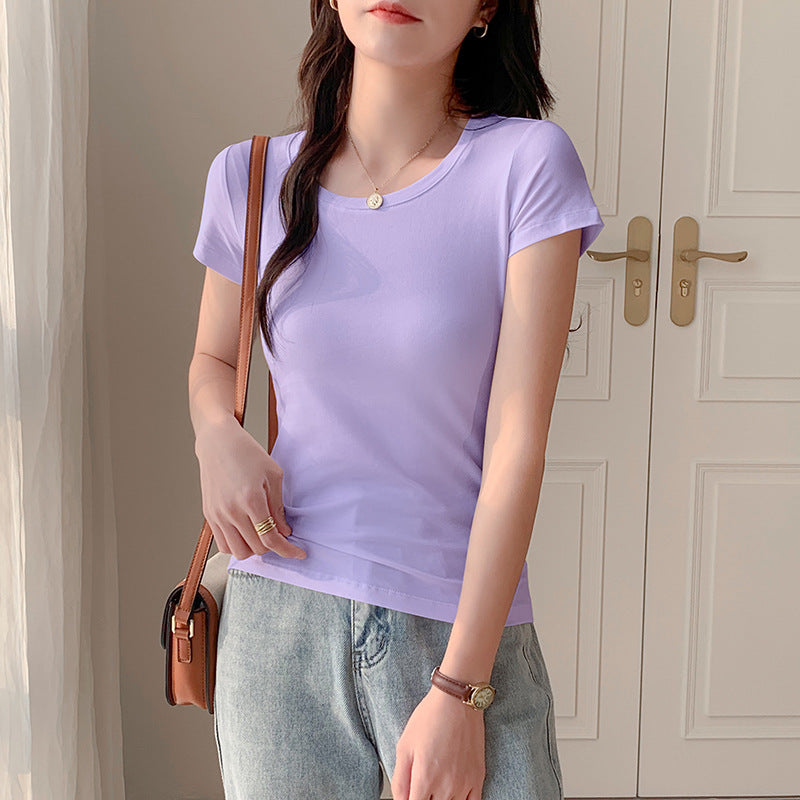 U-neck white versatile short-sleeved T-shirt women's American slim-fitting half-sleeved top low-necked bottoming shirt slim-fitting