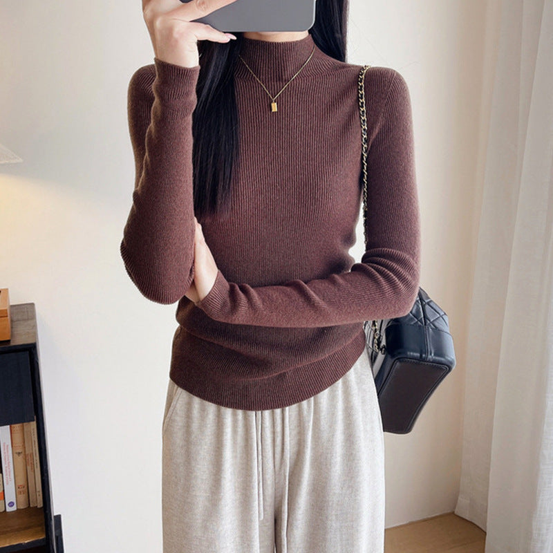 Seamless stand-up collar shiny silk wool bottoming shirt women's early autumn popular wear slim-fitting semi-turtleneck knitted sweater flash