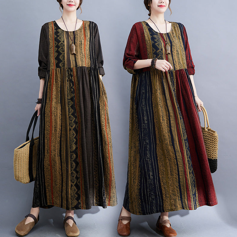 Real shot 2023 early autumn new retro age-reducing ethnic style round neck long-sleeved pendulum dress women #125
