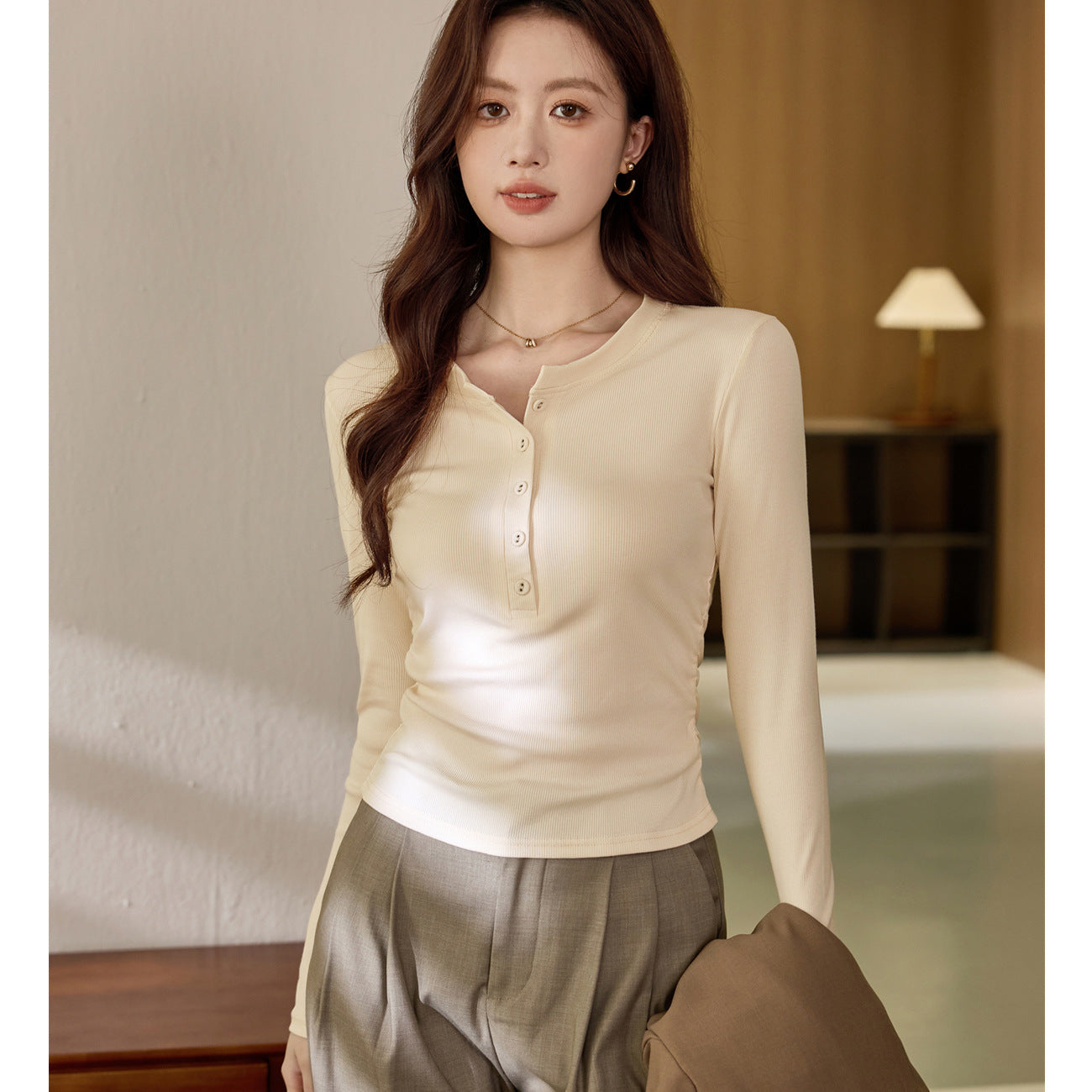 #Ingenuity screening product #Waist pleated Maillard chic cloth button-up long-sleeved T-shirt femininity pure cotton bottoming shirt