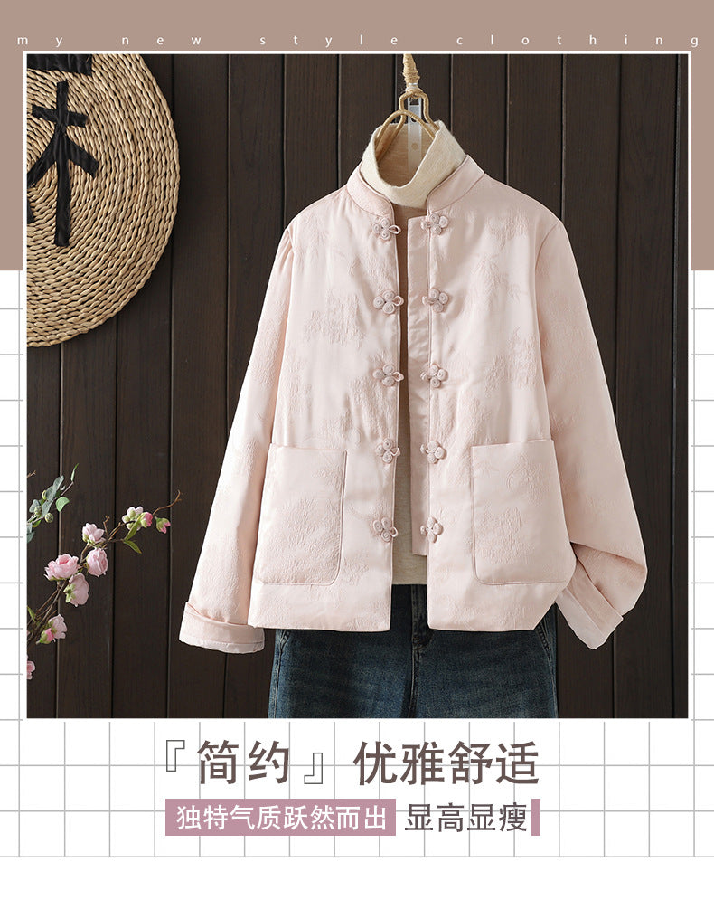 Real shot 2025 winter new literary New Year's greeting clothes new Chinese style cotton clothes satin jacquard jacket women's clothing
