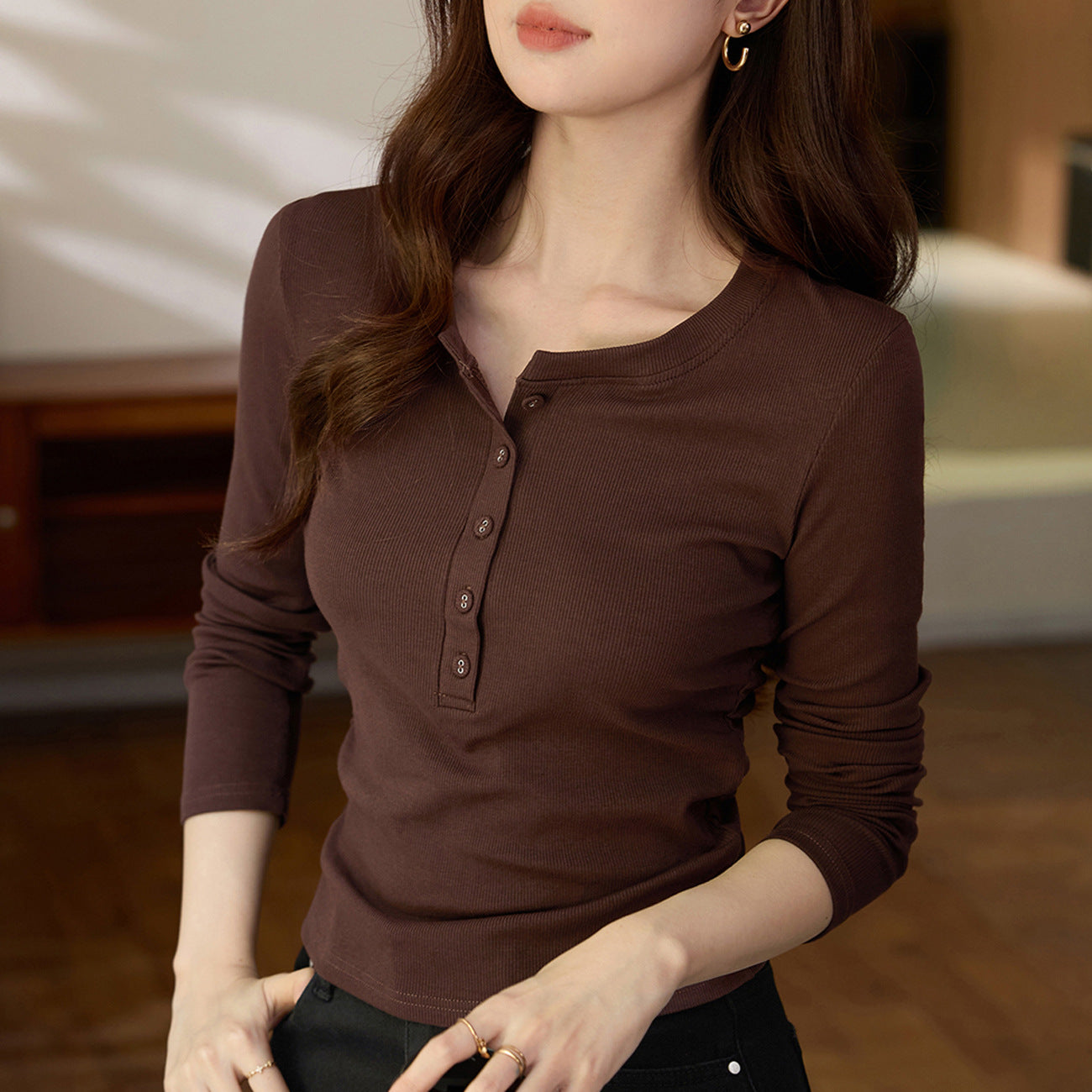 #Ingenuity screening product #Waist pleated Maillard chic cloth button-up long-sleeved T-shirt femininity pure cotton bottoming shirt
