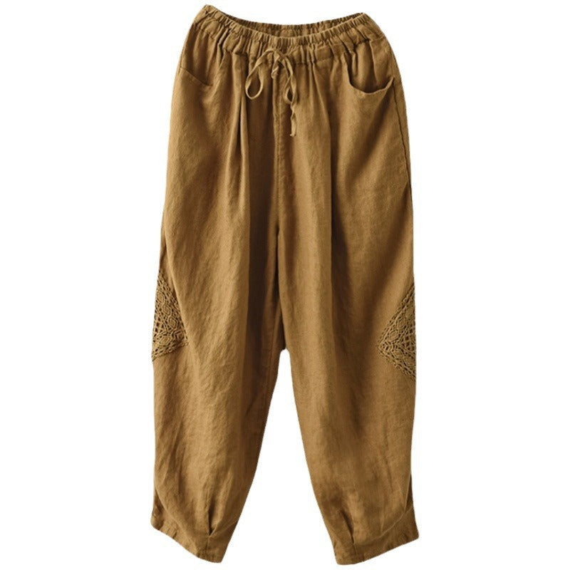 2025 summer new literary loose solid color cotton and linen elastic waist Harlan pants women's nine-point pants #1319