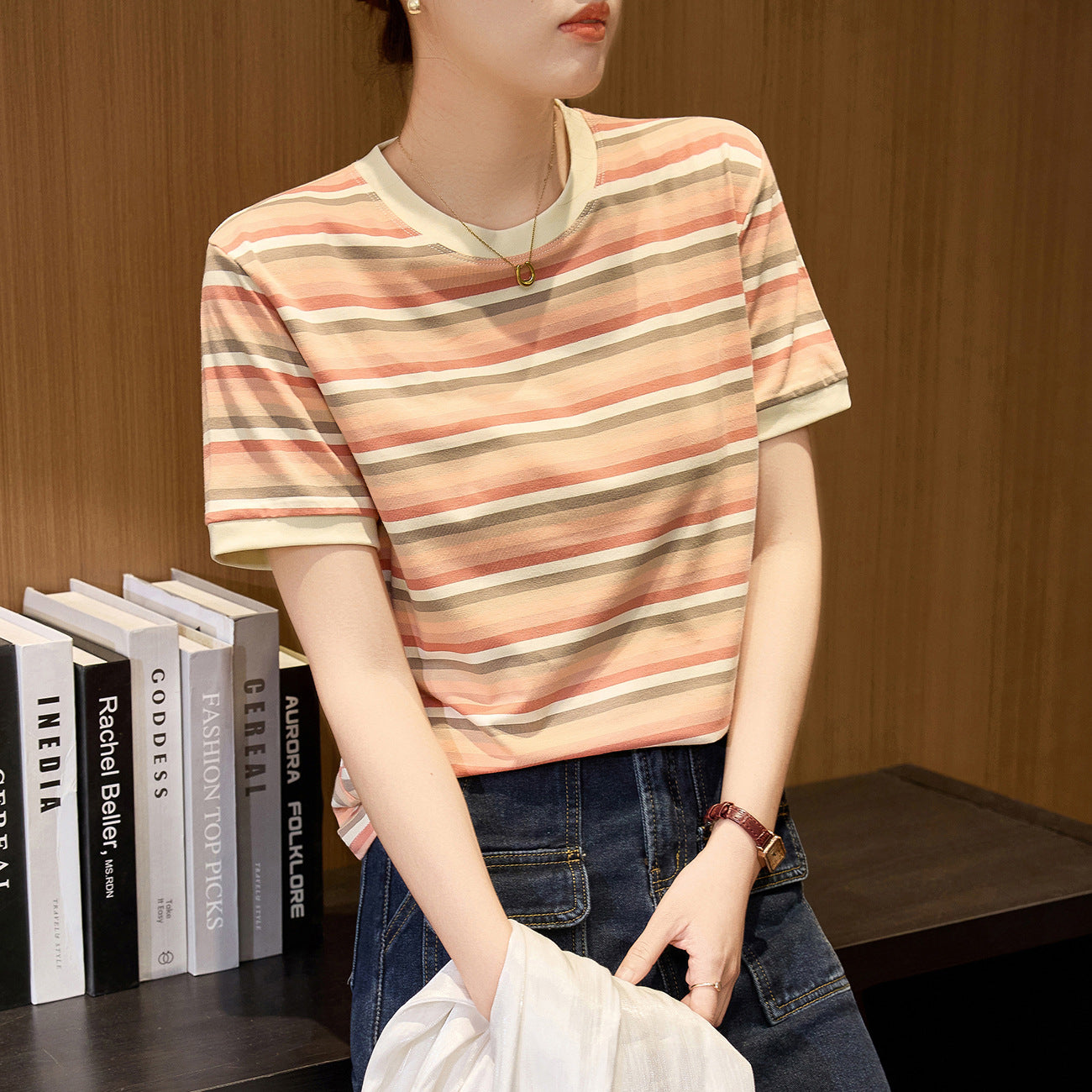 #Combed pure cotton #medium and long loose retro rainbow striped short-sleeved t-shirt women's summer 2026 new versatile top