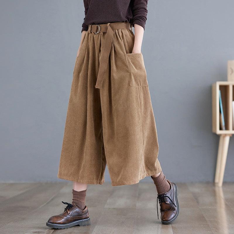 Real shot 2025 spring new corduroy culottes elastic waist belt loose and thin seven-point wide-leg pants women
