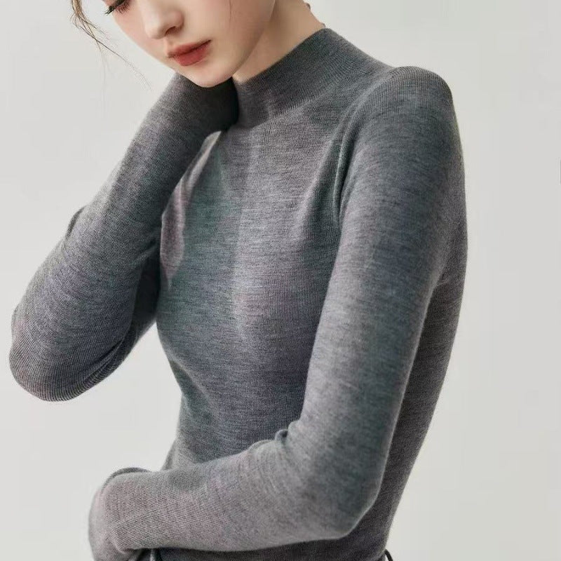 Machine washable! Grey Yangtze yarn worsted 100% wool bottoming shirt women's semi-turtleneck autumn and winter tight knit sweater