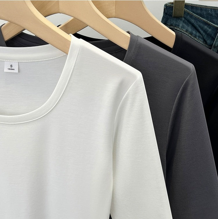 Tencel white semi-turtleneck bottoming shirt women's 2025 new slim-fitting and thin shoulder T-shirt spring and summer mid-sleeved top trendy