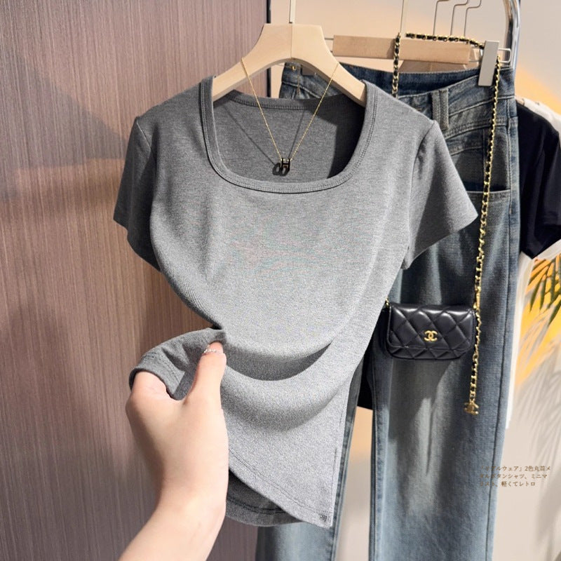 Dark gray square neck short-sleeved T-shirt women's 2025 summer temperament is thin, front shoulder t-shirt, low neck exposed collarbone clothes