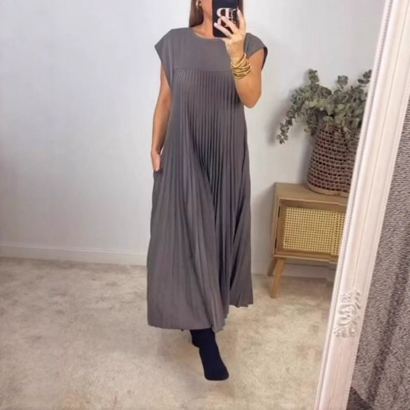 2025 new holiday style Amazon cross-border fashion round neck sleeveless pleated dress women's long dress