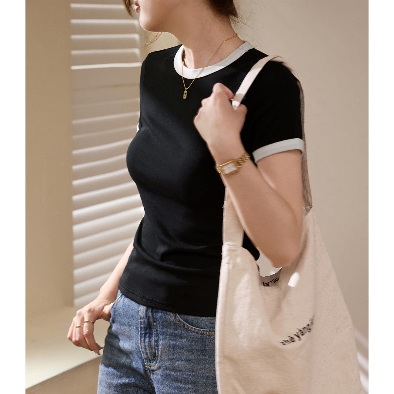 #Selection of pure cotton #Contrasting color retro casual T-shirt women's summer 2026 new slim-fitting versatile short-sleeved top bottoming shirt