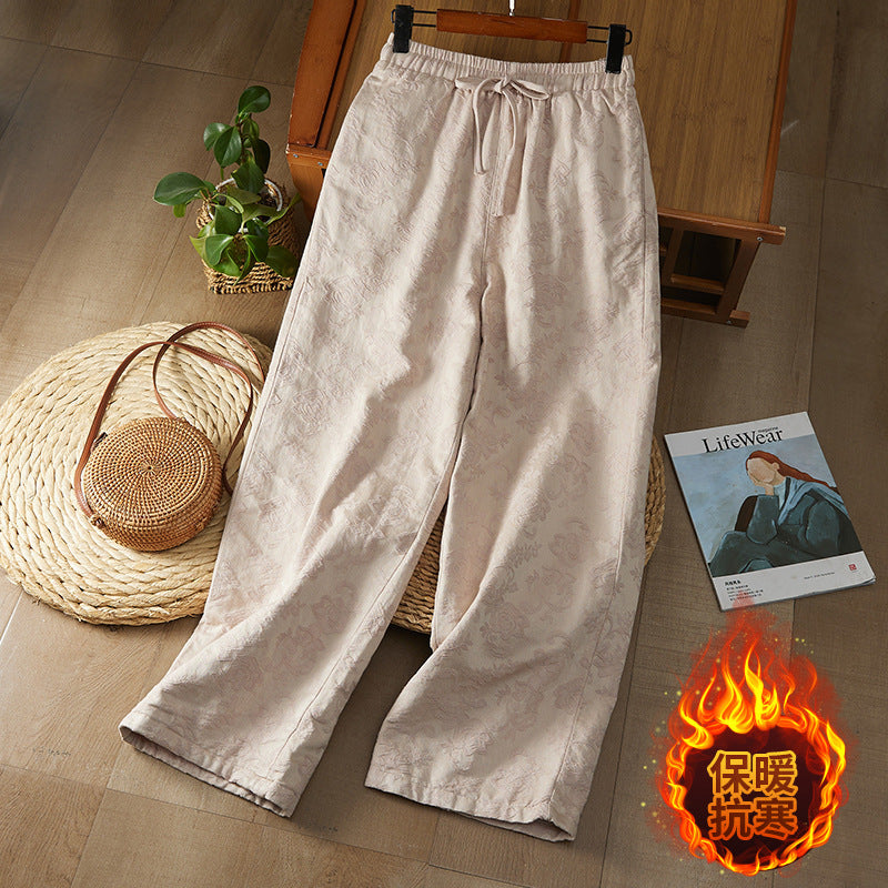 Real shot new Chinese jacquard 2025 winter national style retro loose and thin casual thickened cotton-padded wide-leg pants outer wear