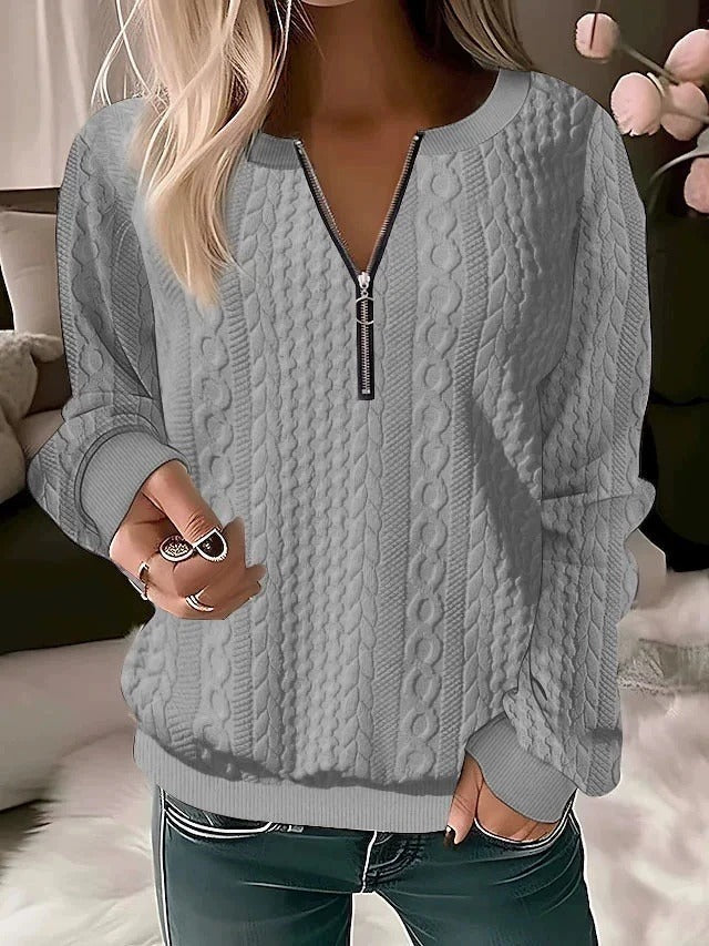 2025 European and American cross-border Amazon independent station autumn and winter new women's clothing long-sleeved solid color V-neck zipper T-shirt top