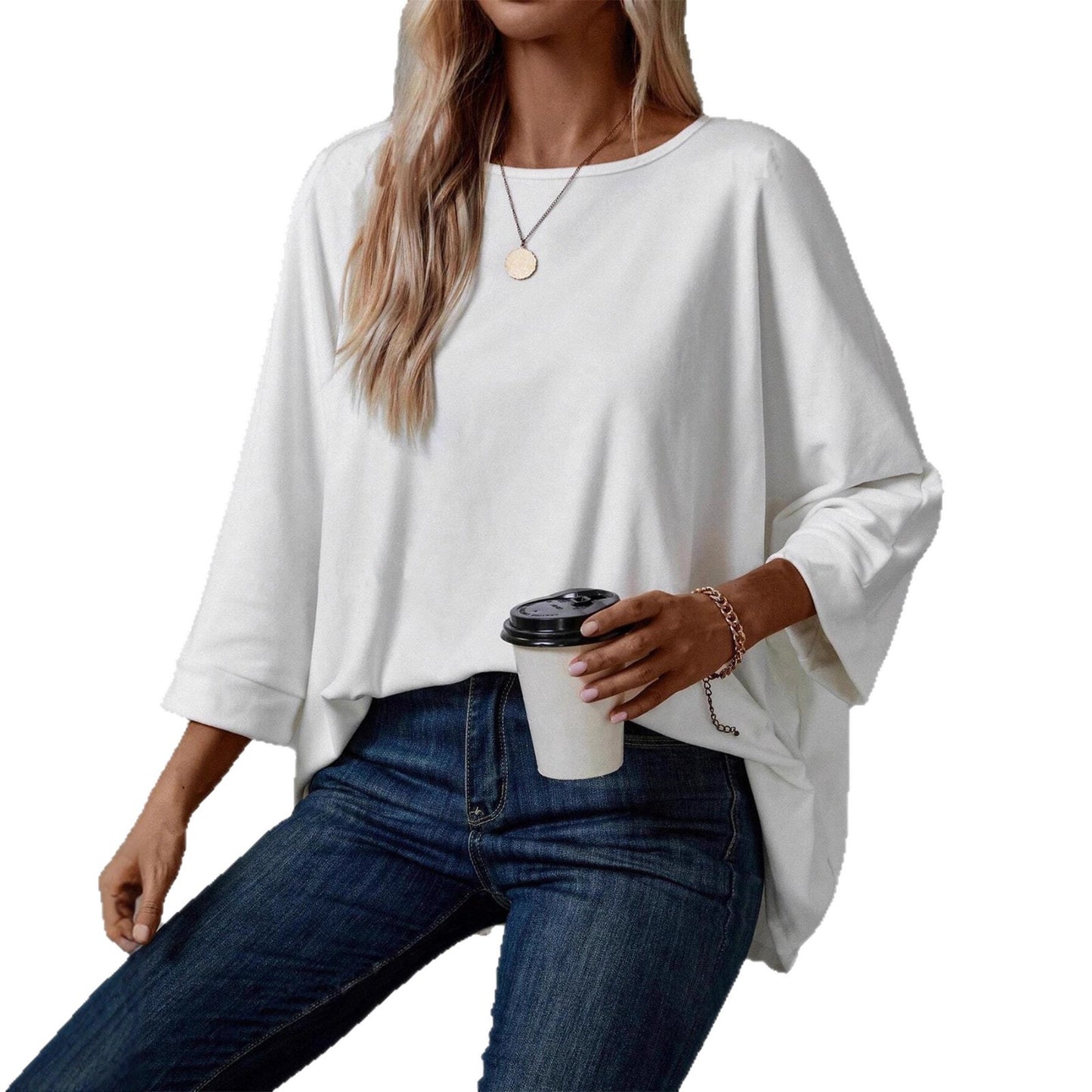 2025 new Amazon European and American cross-border women's clothing spring and summer round neck seven-quarter sleeve solid color casual loose T-shirt