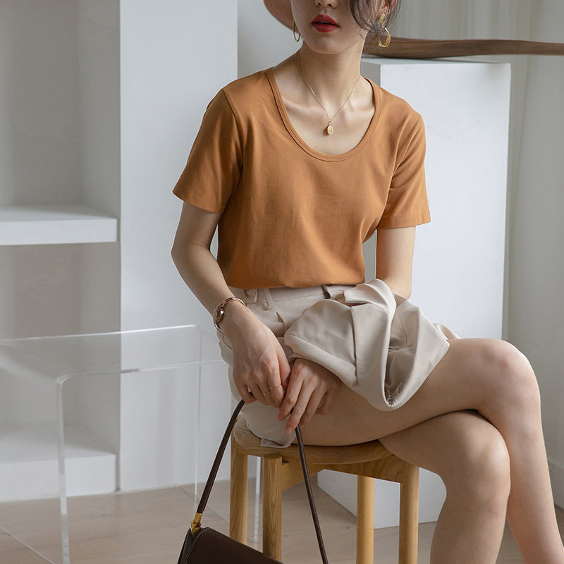 230G Combed Cotton V-Neck T-Shirt Short Sleeve Women's Summer 2026 Loose and Skinny Versatile Straight Bottom Versatile Top