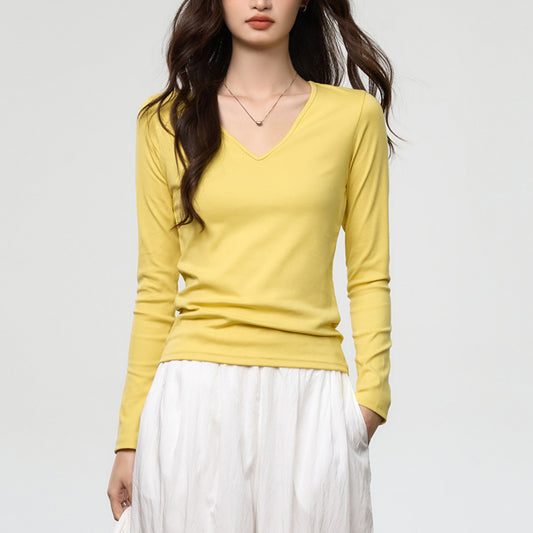 #40-count combed pure cotton# Soft, skin-friendly, versatile V-neck new slim-fit long-sleeved t-shirt for women, base layer top
