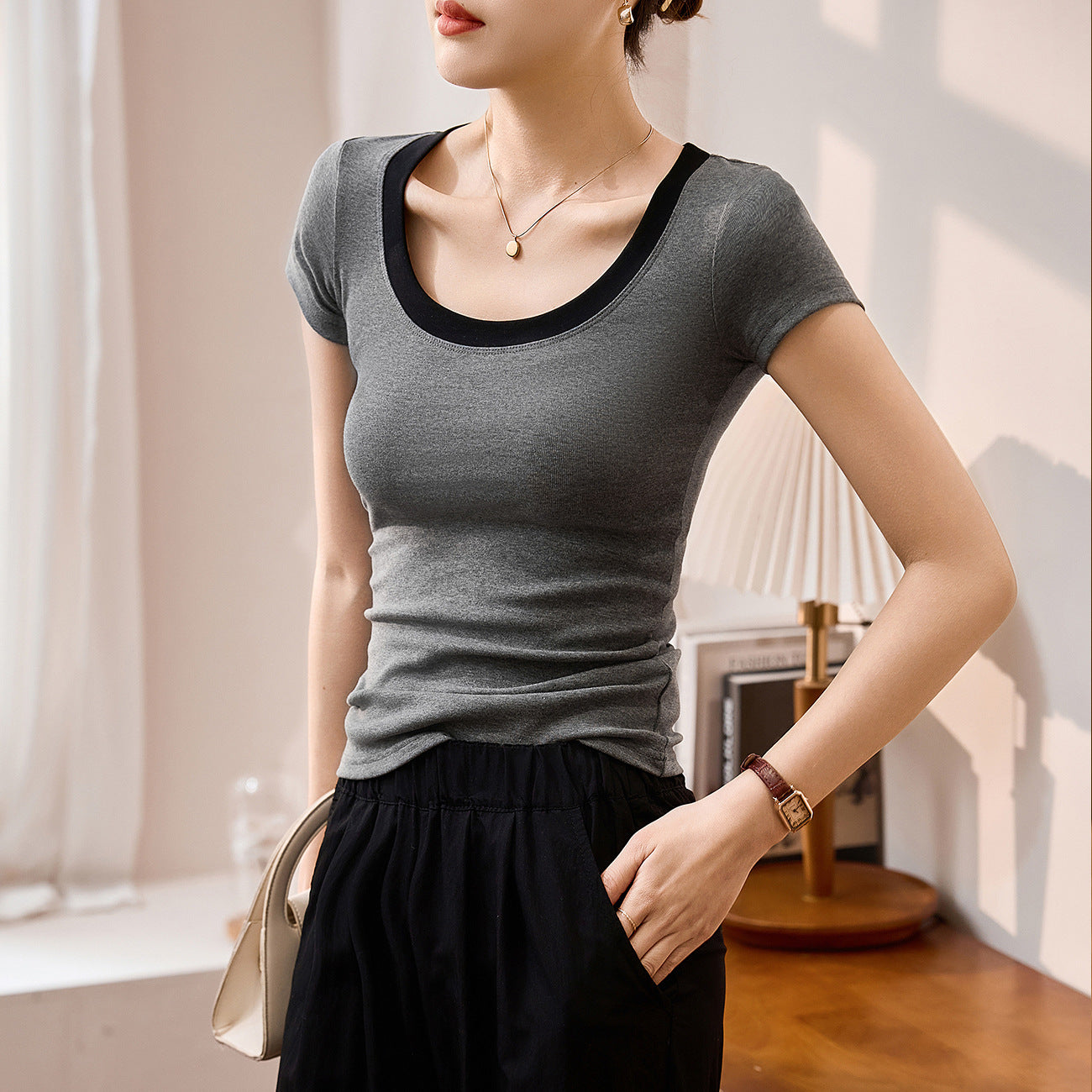 [Combed Cotton] Contrast Color Big U-Neck Pure Cotton T-Shirt Women's Summer Sexy 2026 New Short Sleeve Skinny Top Bottom Shirt
