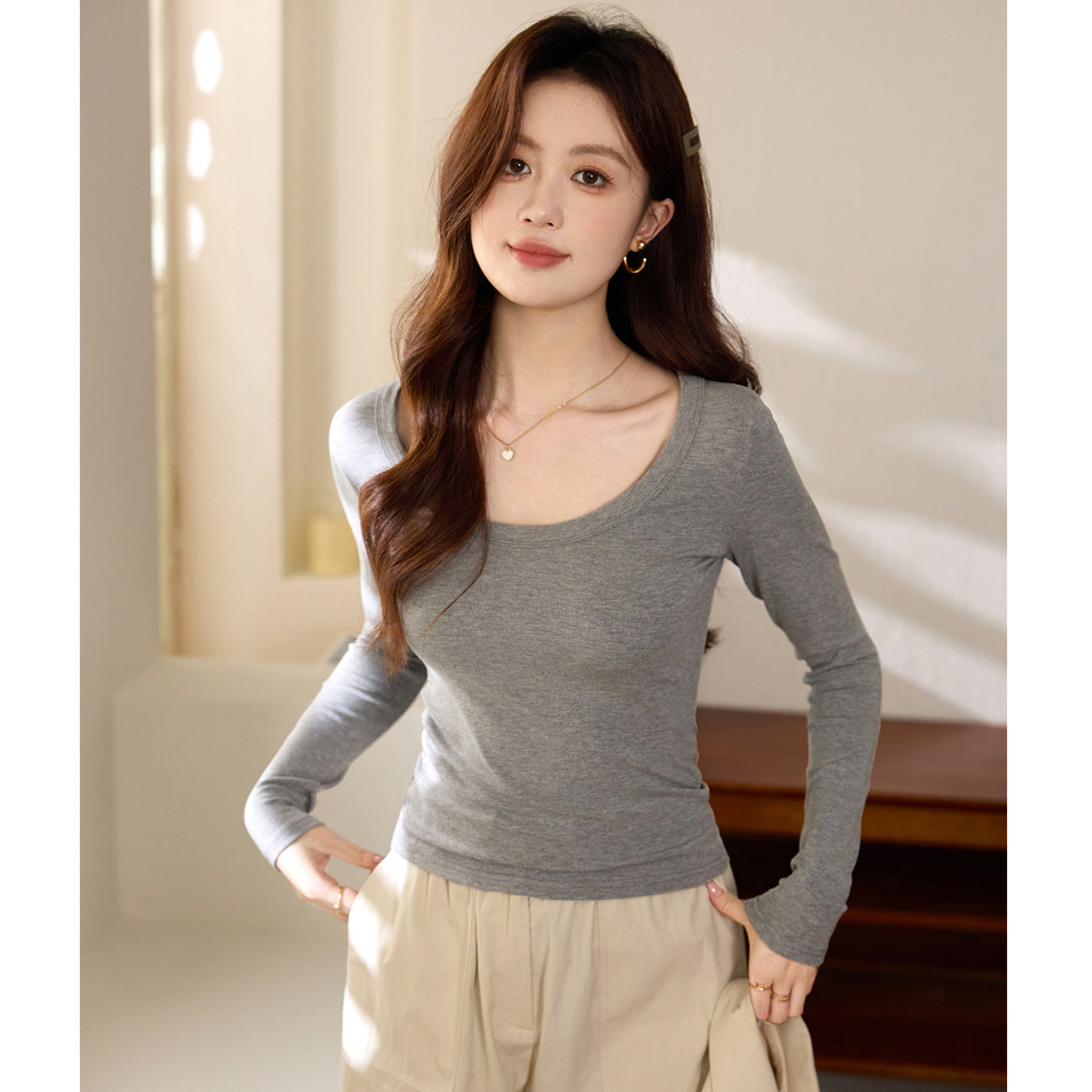 230G pure cotton long-sleeved women's T-shirt front shoulder 2026 autumn clothes new slim-fitting and thin solid color large-size top bottoming shirt