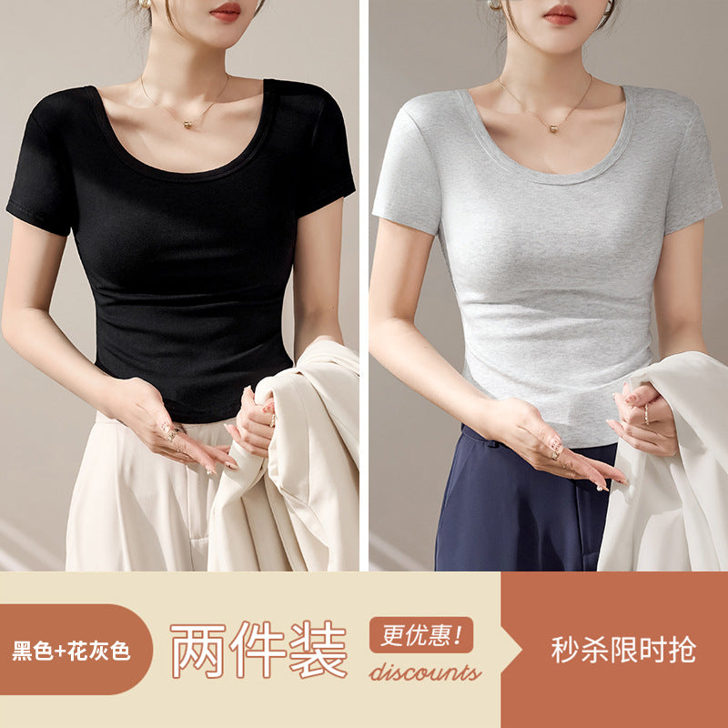 High-quality short-sleeved T-shirt women's 2025 new summer slim-fitting and thin curved hem fashionable foreign U-neck top trendy