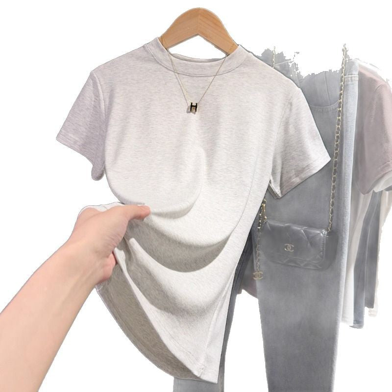 Black short-sleeved t-shirt women's 2025 summer new high-end small stand-up neck bottoming shirt versatile slim-fitting front shoulder top