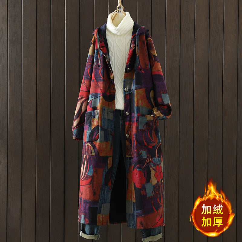 Mom's cotton-padded clothes are piled and thickened. In the autumn and winter of 2025, the new long loose belly-covering printed hooded cotton jacket.