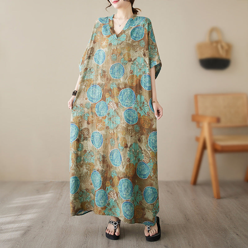 Real shot 2024 summer thin V-neck cotton and linen large size loose medium and long literary holiday wind beach dress women