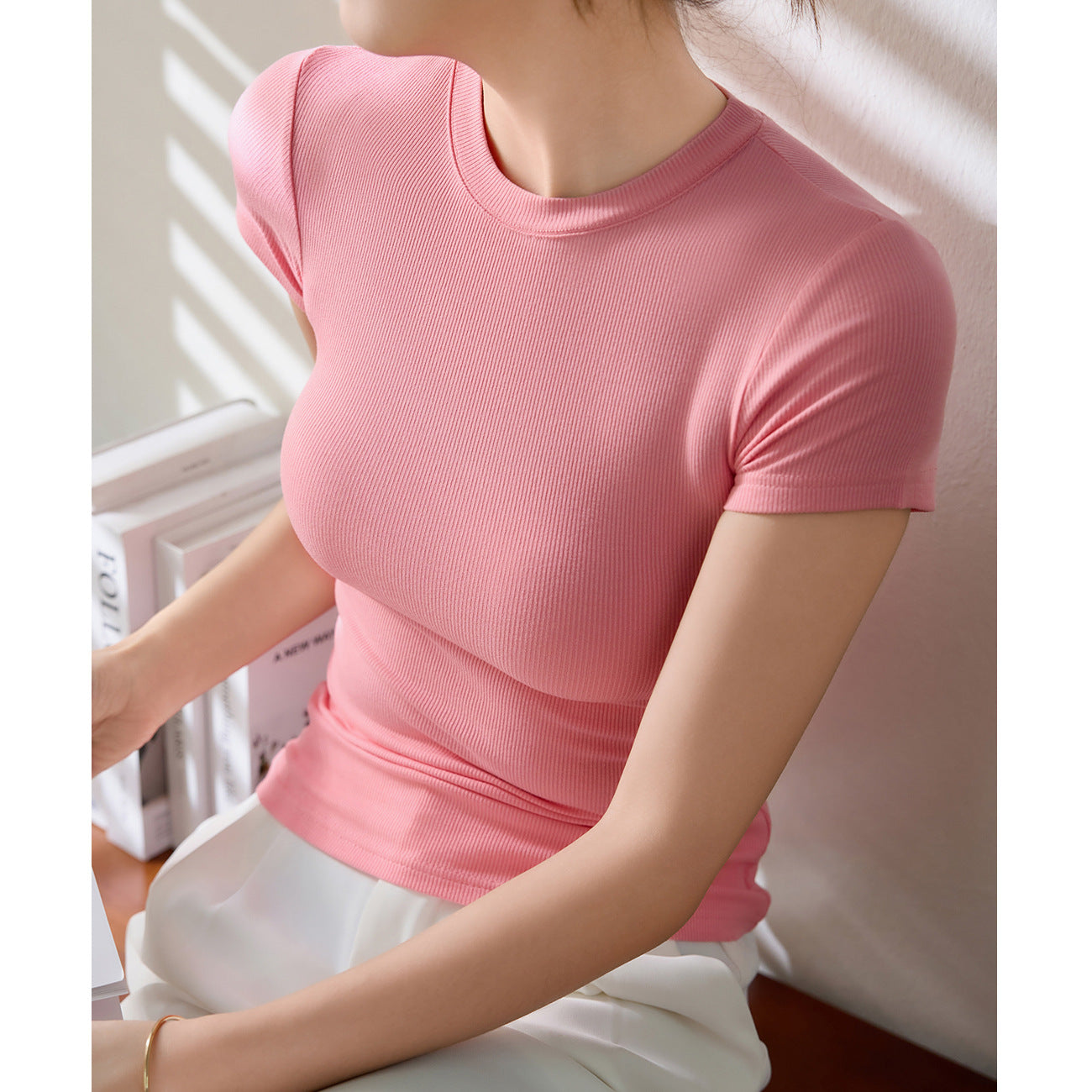 & Use good materials & high elastic cotton tight short-sleeved T-shirt women's summer 2026 new versatile top, thin crew neck bottoming shirt