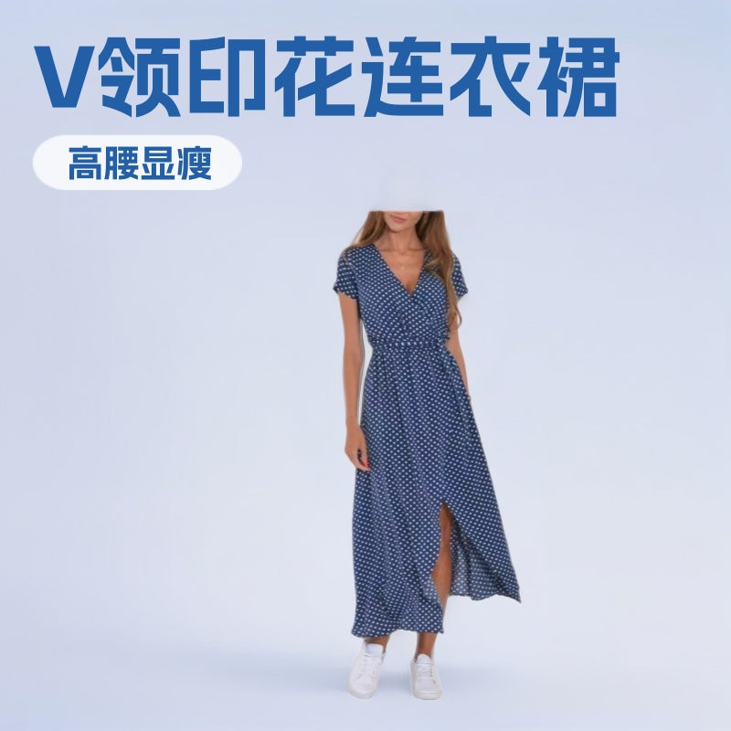 European and American cross-border Amazon printed dress 2025 summer cross-border V-neck split fork medium and long group foreign trade women's clothing